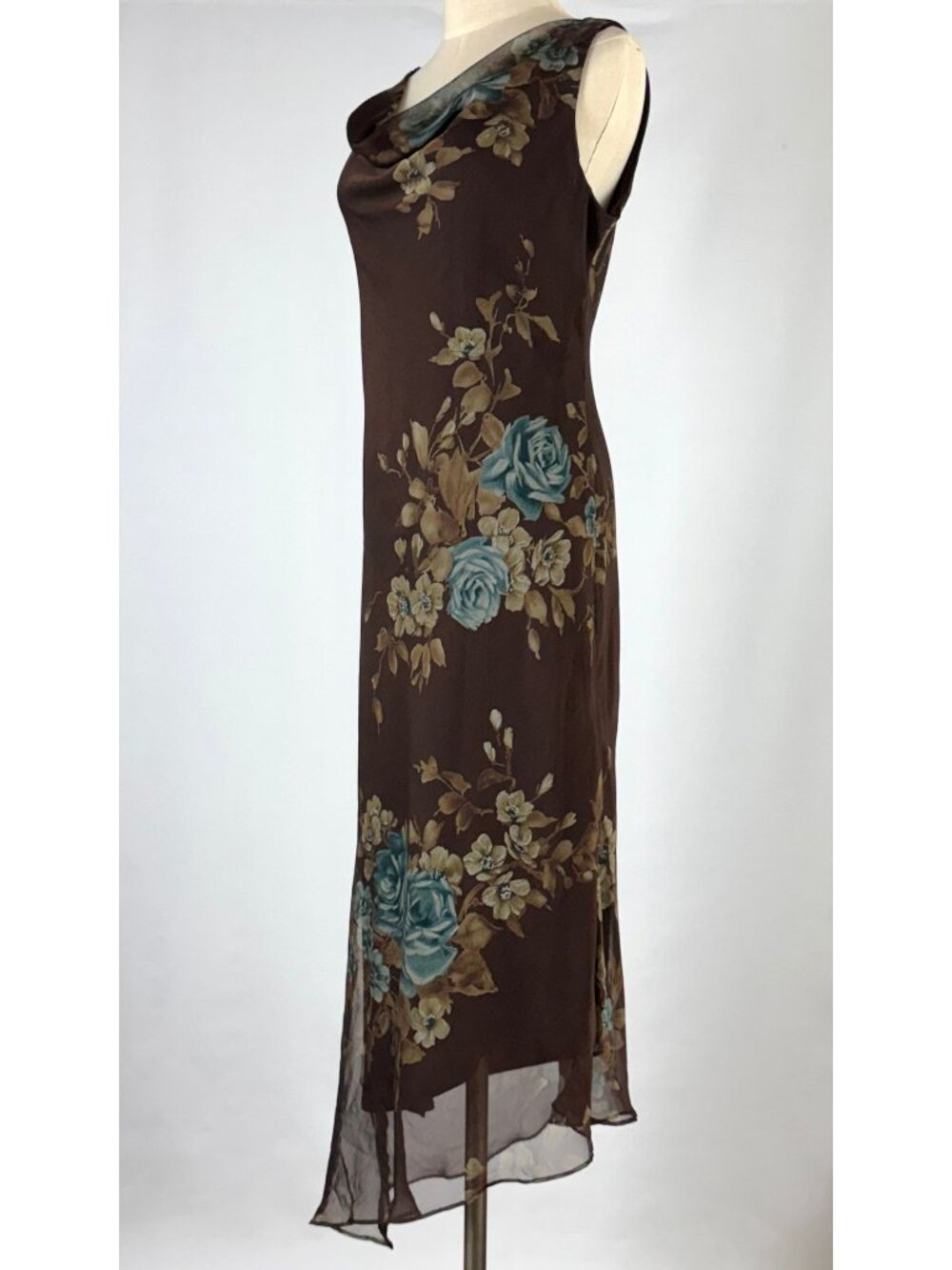Vtg Y2K Jessica Howard Brown & Blue Floral Chiffon Asymmetrical Dress Cowl Neck - Picture 4 of 9
